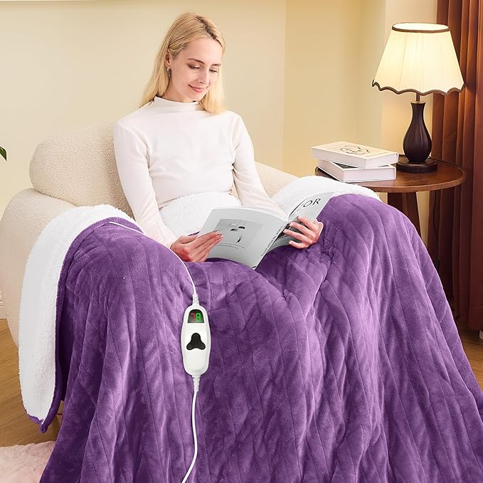 greenoak Heated Blanket Electric Twin 62"X84", Heating Blankets with 10 Levels 8 Hours Auto-Off, Soft Flannel Sherpa Fluffy House Warming Gifts for Grandma Seniors Momt, Wisteria