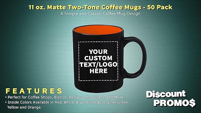 DISCOUNT PROMOS 50 Matte Two-Tone Coffee Mugs Set, 11 oz. - Customizable Text, Logo - Stoneware, Drinkware, Durable, C-handle - Orange