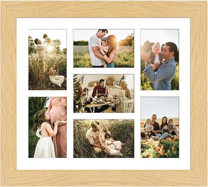 13.5x15.5 Picture Frame Display 7 opening 4X6 Picture Frame Collage,Multi Photo Frame with Mat,Plexiglass,Wall or Tabletop Decor,Natural Wood Grain