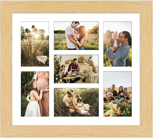 13.5x15.5 Picture Frame Display 7 opening 4X6 Picture Frame Collage,Multi Photo Frame with Mat,Plexiglass,Wall or Tabletop Decor,Natural Wood Grain