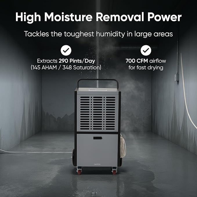 290 Pints Commercial Dehumidifier for Basements & Industrial Spaces – Built-In Pump, Drain Hose, Continuous Operation, 2-Speed Fan, 24000 Sq Ft Coverage