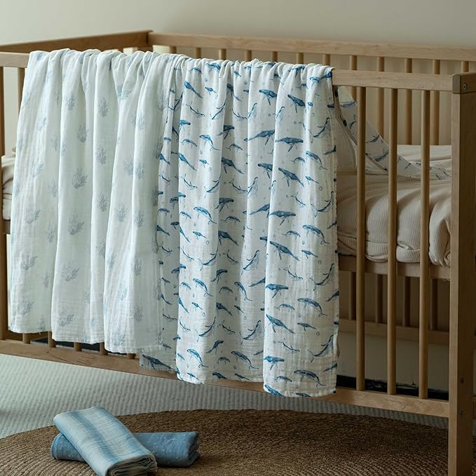 Muslin Swaddle Blankets for Newborn, 4 Pack Organic Cotton Baby Blankets for Boys, Large 31.5 x 43.3 Breathable Soft Receiving Blanket, Essentials Swaddle Wrap Burping Clothes, Blue Whale