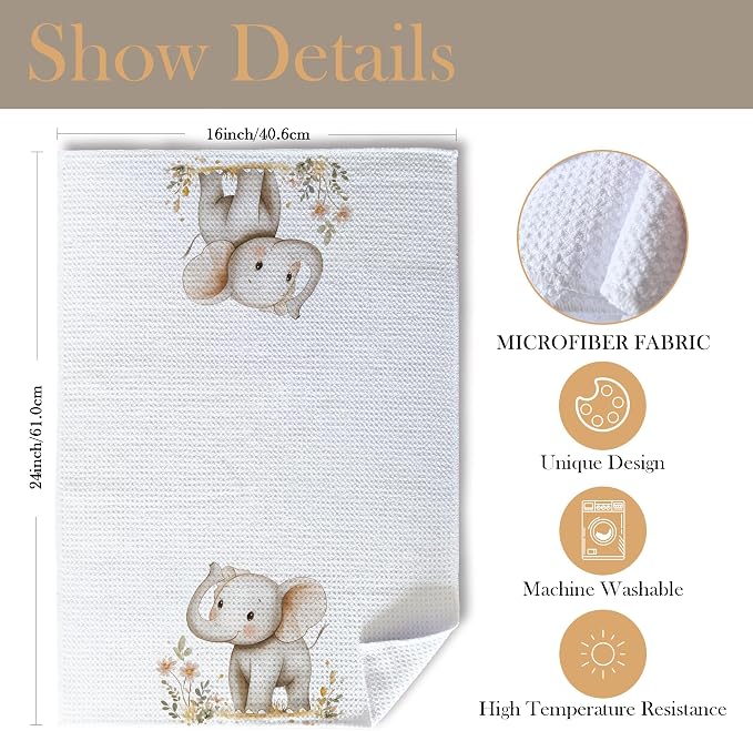 Elephant Nursery Decor Kitchen Towels, Elephant Gifts Dish Tea Towels for Kitchen, Animal Lover Gifts Decorative Hand Towel for Kids Bathroom Decor, 16x24 Inch