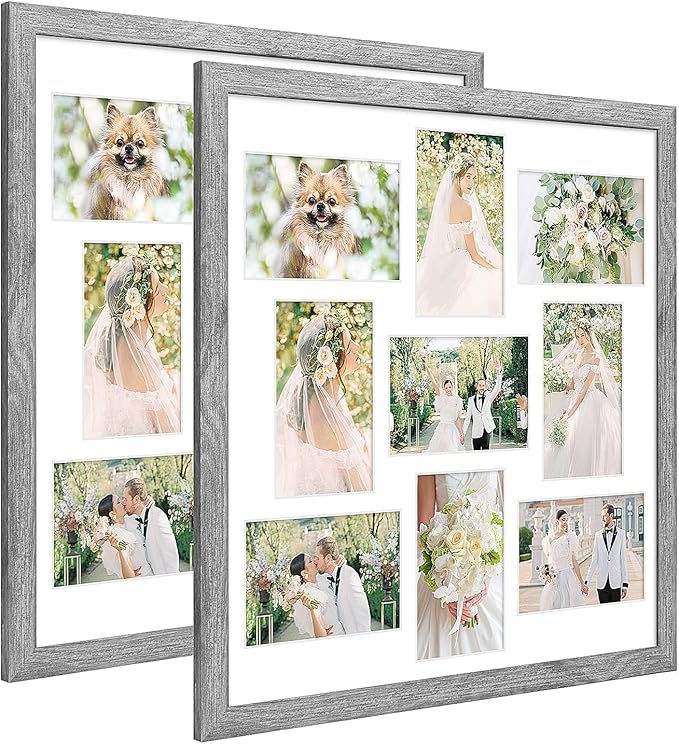 17x17 Collage frame with 9 Openings 4X6 Pictures, Multiple Picture Frame with Mat, Wall or Tabletop Decor, Grey Wood Grain,2 Pack