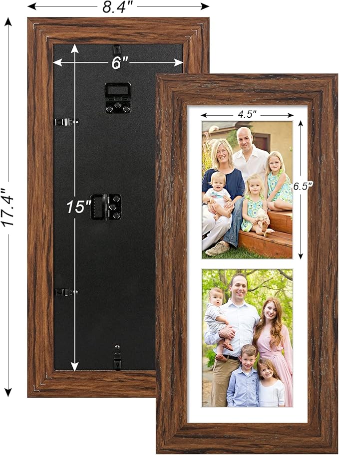 6x15 Picture Frame Display 2 opening 5X7 Double Picture Frame Collage,Multi Photo Frame with Mat,Plexiglass,Horizontal and Vertical Formats for Wall Décor,Carbonized Brown Wood Grain