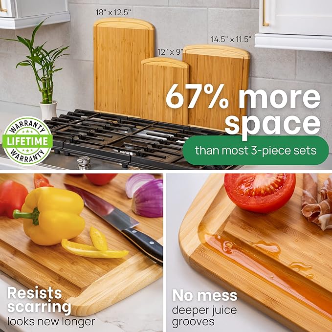 Organic Extra Large Bamboo Cutting Board Set of 3 with Lifetime Replacements – Premium Wooden Kitchen Boards for Chopping, Carving & Serving, Non-Toxic & Durable – by Greener Chef