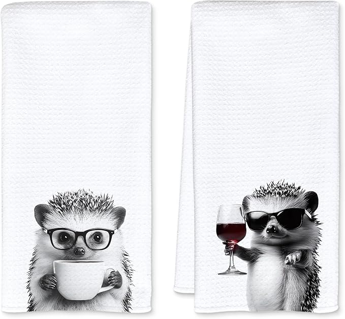 Funny Hedgehog Kitchen Towels Set of 2, Funny Kitchen Decor, Coffee Station Wine Bar Decor, Hedgehog Owner Gift Hand Towel, Dining Room Decorative Tea Towel Dish Towels 16x24 Inch