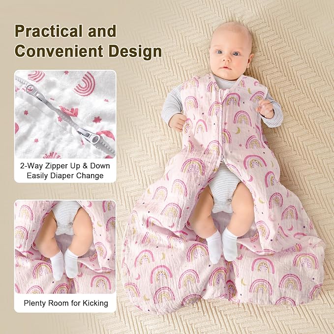 PHF 100% Muslin Cotton Baby Sleep Sacks, 12-18 Months Sleep Sack with 2-Way Zipper, 2 Pack Cooling 0.5 TOG Breathable Large Size Sleeveless Baby Wearable Blanket for Baby Girl, Rainbow