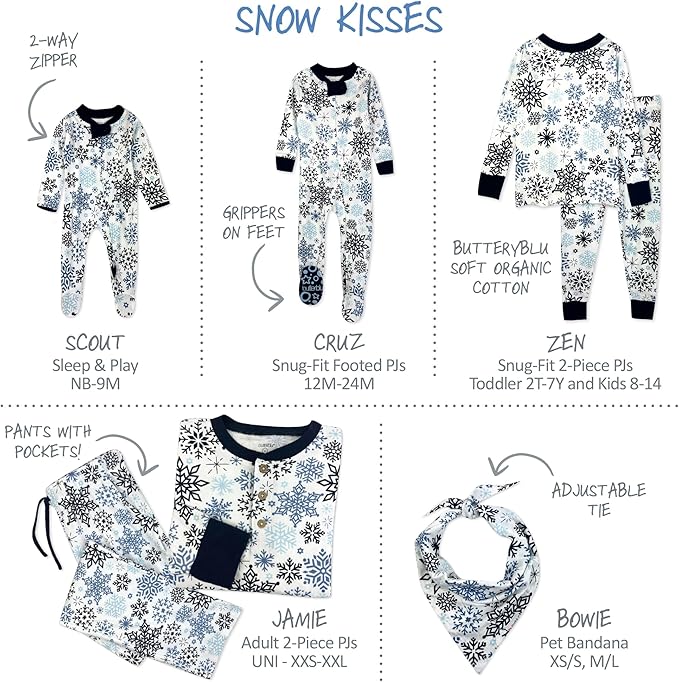 JAMIE Matching Family Jammies Holiday Pajamas 100% Organic Cotton PJs Adults, Kids, Toddlers, Baby, Pets