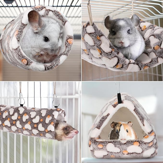 MCEAST 4 Pieces Small Pets Cage Accessories Hanging Hammock Sleeping Bag Tunnel and Bed Hideout Set Warm Sleep Nap Sack Bed for Hamster Ferret Squirrel Rabbit, Coffee Hearts