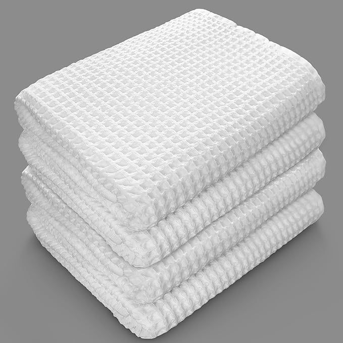 Softerry European Waffle Weave Bath Towel Set - 100% Organic Cotton - Quick Dry Lint Free Thin and Absorbent - Fade Resistant - Eco-Friendly (Set of 4 Bath, White)