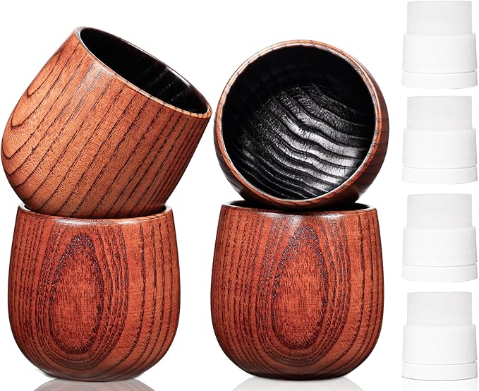 4PCS Charred Wooden Whiskey Glass – Handcrafted Solid Wood Tumbler for Men | Unique Whiskey Gifts | Natural Grain, Flame-Finished Bourbon Glass，Fathers Day Gifts For Dad，Him，Husband