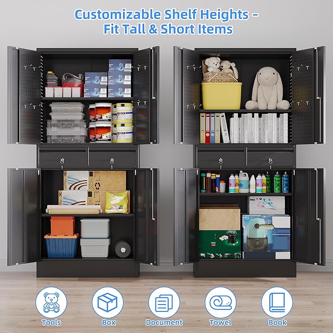Garage Storage Cabinet with 2 Drawers and Pegboard, Locking Metal Storage Cabinet with Doors and 2 Adjustable Shelves, 71" H Steel Tool Cabinets for Garage, Home, Black, Assembly Required