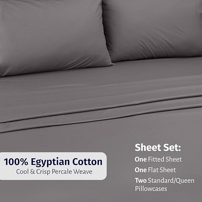 California Design Den Queen Size Sheet Set - Certified 100% Egyptian Cotton Queen Size Percale Sheets with Deep Pockets, Lightweight, Crisp, Cool & Durable Luxury Bedding Set - Grey