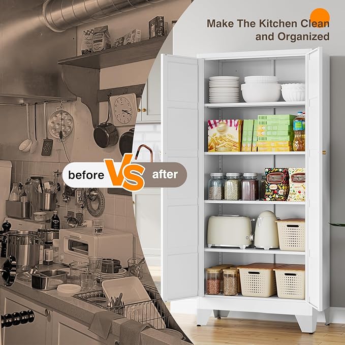 Yizosh Metal Storage Cabinet with 2 Doors and 4 Adjustable Shelves,- 72" White Kitchen Pantry Storage Cabinet for Kitchen,Living Room,Dining Room