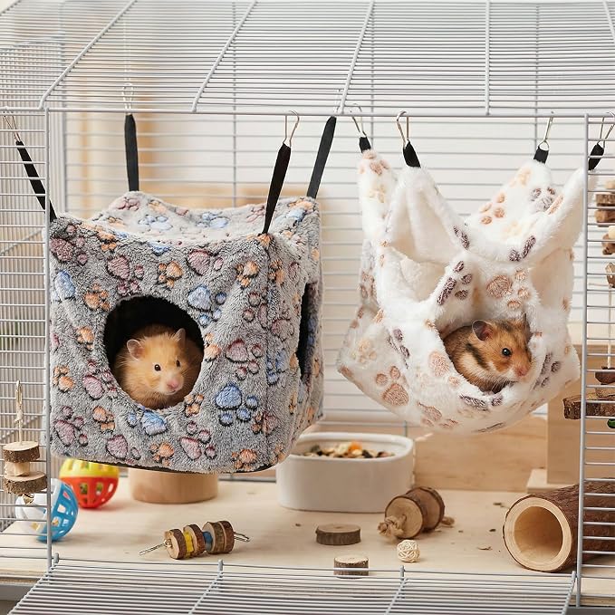 AceOrbit 6 Pcs Ferret Cozy Cage Accessories Triple Rat Cage Hanging Hammock Guinea Pig Cube Hammock Chinchilla Bed Hideout Small Animals Toy Accessories Sugar Glider Squirrel Hamster (Cute Paws)