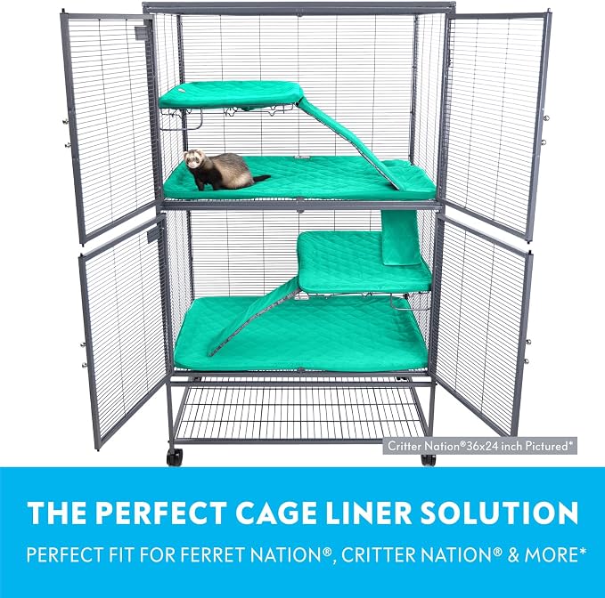Paw Inspired Fitted Fleece Liner Set for Critter Nation 2-Story Cage, Green | Double Unit Combo Pack for Ferret Nation/Critter Nation Cage, For Ferrets, Rats, Chinchillas, Hedgehogs, Small Animals, Pets