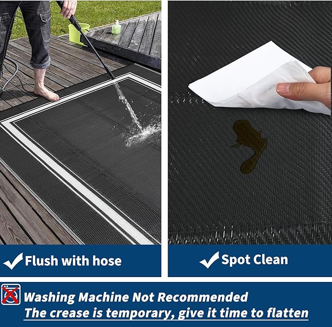 Outdoor Rugs 8x10 for Patio Waterproof Floor Mats Modern Bordered Plastic Straw Large Area Rugs Lightweight Reversible Mat Carpet for RV Backyard Balcony Porch Black/White