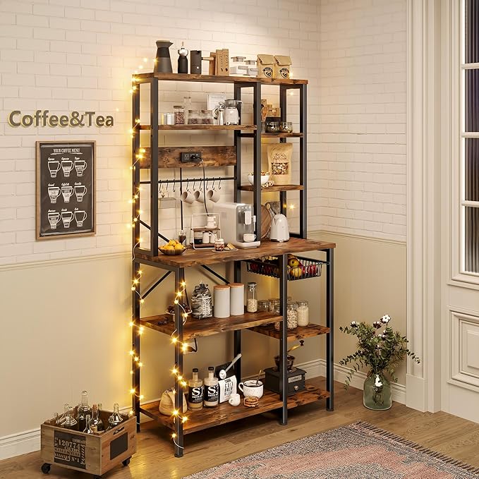 GRUSIGN Kitchen Bakers Rack with Storage, 6-Tier Coffee Bar Station with Power Outlet, Microwave Stand with 12 S-Shaped Hooks, Open Kitchen Storage Shelves for Spices, Pots and Pans, Rustic Brown