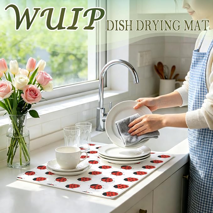 Cute Ladybug Dish Drying Mats for Kitchen Counter, Ladybug Lover Gifts, Red Ladybird Absorbent Reversible Coffee Bar Mat Drying Pad for Kitchen Decor, 12x15 Inch