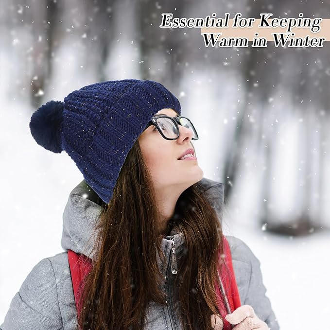 SATINIOR 5 Pcs Winter Hat Scarf Gloves Set Fleece Warm Lined Knit Beanie Hat Touch Screen Earmuff Gloves Warmer for Women(Navy Blue,Classic Style)