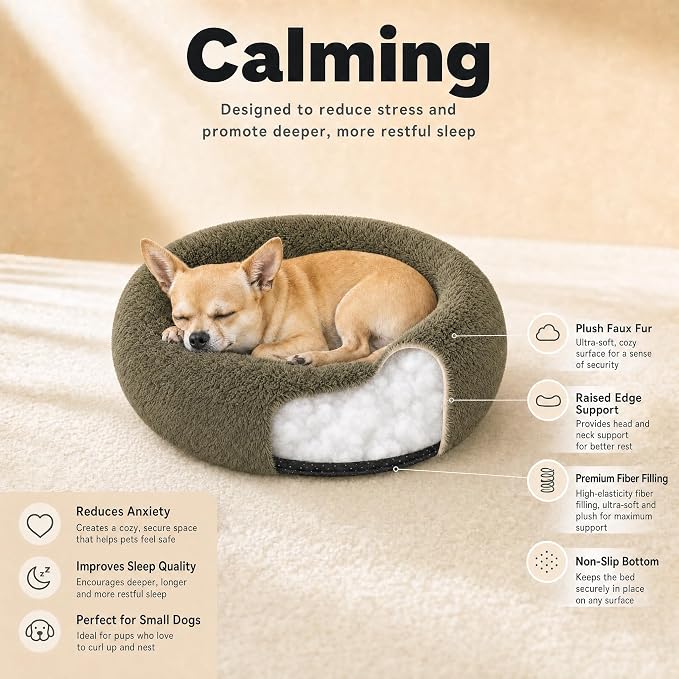 Tiny Dog Bed for Extra Small Dogs for Chihuahua Pomeranian Toy Poodle | 15 Inch Washable Puppy Bed,Soft Faux Fur Calming Donut Bed,Army Green
