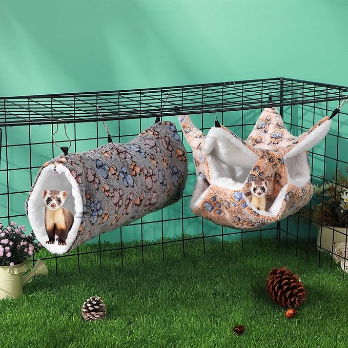 Sweetude 6 Pcs Hammock Tunnel Set for Small Pets,Cute,Paw | 3 Tier Hanging Hideout, Guinea Pig Hamster Chinchilla Ferret, Soft Plush Cage Accessories for Sleep Play and Rest