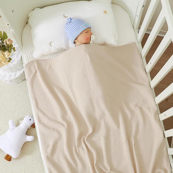 Neiwech Cotton Baby Blanket Knit Soft Cozy Lightweight Crib Stroller Nursery Receiving Swaddling Blankets for Newborn Infants Boys Girls Camel 30x40 Inch