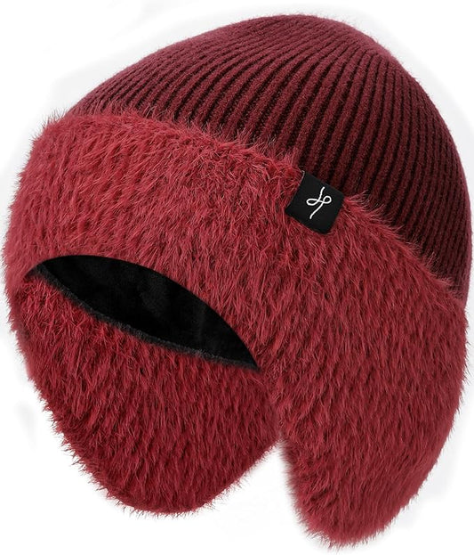 Winter Fleece-Lined Beanie with Earflaps, Warm Windproof Unisex Beanie Hat for Skiing, Hiking & Outdoor Winter Sports