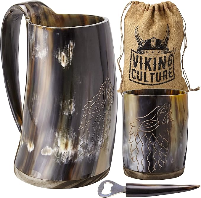Viking Culture Ox Horn Mug, Shot Glass, and Bottle Opener (3 Pc Set) Authentic 16-oz. Ale, Mead, and Beer Tankard | Vintage Stein with Handle | Custom Intricate Design - Polished Finish | Wolf/Fenrir
