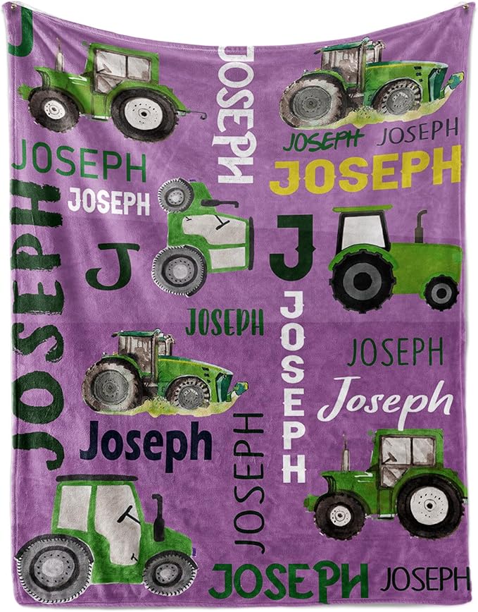Personalized Tractors Blanket - Custom Name with Farm Tractor Trucks Design - Soft Plush Flannel Bed Blanket for Baby Kid Teen Boys Girls Customized Gifts Purple