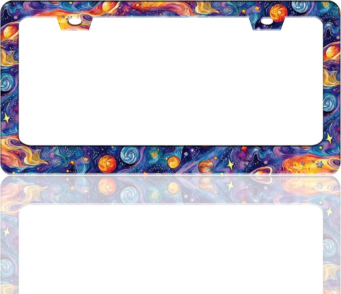 Galaxy Planet Universe License Plate Frame Stainless Steel 6.3 X 12.2 Inch | Fits US Standard With Screws Rust Resistant For Car Front Rear Decoration Accessories Easy Installation For Cars SUV Truck