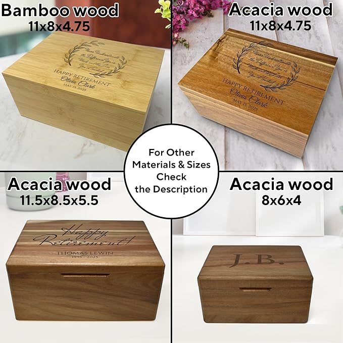 Retirement Memory Box - Farewell Gifts for Coworkers, Teacher Appreciation Gift Personalized Keepsake Box with Hinged Lid Acacia Wood, Custom Engraved Design, 8x6x4 in