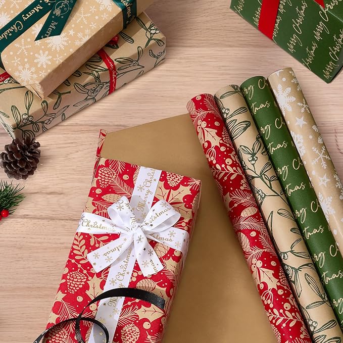 YANGTE Vintage Recyclable Christmas Wrapping Paper Rolls, Brown Kraft Wrapping Paper with Red and Green Pattern, Holiday Gift Wrapping Paper Christmas Rolls, 17x120 inch, 4 Rolls