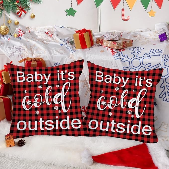 Fukeen Winter Outdoor Merry Christmas Throw Pillow Covers 18x18 Inch Waterproof Red and Black Buffalo Plaids Baby It’s Cold Outside New Year Holiday Cushion Cases Snowflake Decor Double Sided
