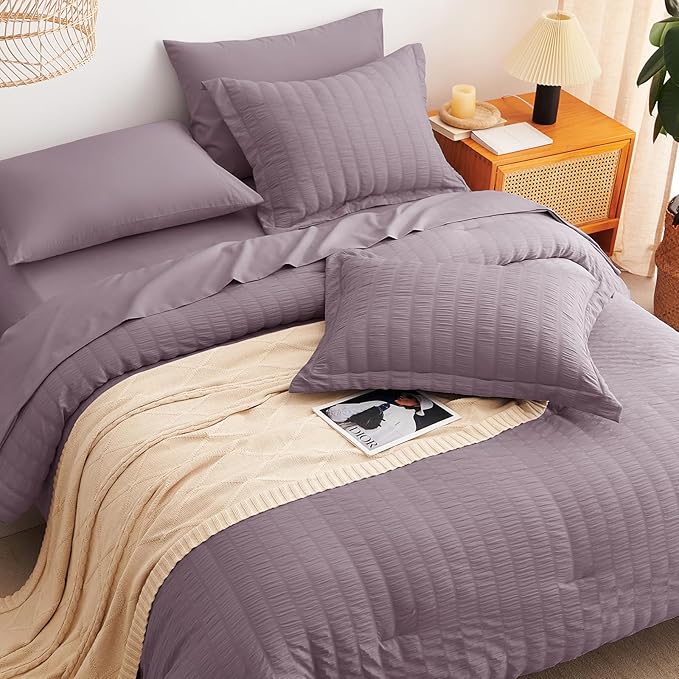 CozyLux Queen Comforter Set Dusty Purple Seersucker 7 Pieces Bed in a Bag Queen Comforter Set with Sheets, Luxury Bedding Sets with Down Alternative Comforter, Sheets, Pillowcases & Shams All Seasons