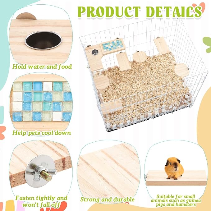 DoubleFill Set of 9 Wooden Hamster Cage Platform Chinchilla Ledges and L Shaped Round Hole Rat Cage Accessories with Cooling Standing Board Food Cup for Squirrel Gerbil Guinea Pig Small Animal