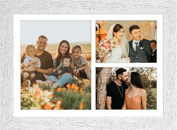 11x16 Picture Frame Display 3 opening Picture Frame 5x7 and 8x10 Collage,Multi Photo Frame with Mat,Plexiglass,Horizontal and Vertical Formats for Wall Decor,Distressed White Wood Grain