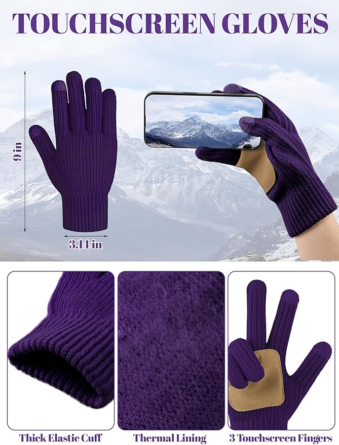 LOROME Women Winter Beanie Hat Scarf Gloves Set, Fleece Knitted Pompom Hat Warm Neck Scarf Touchscreen Gloves Winter Gift