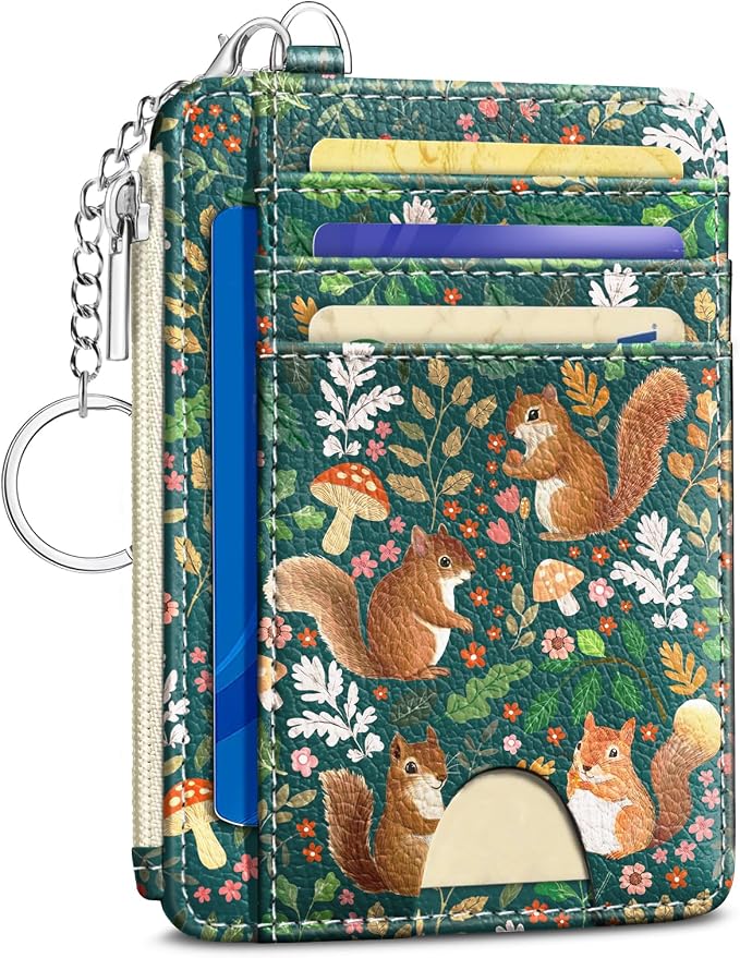 Kelvoris Credit Card Holder Small Wallet Women, Slim RFID, Cute Squirrels | Keychain, Zipper Coin Pocket, Front Pocket Thin Travel Card Case, Minimalist, 6 Card Slots, 1 ID Window, Ladies Gifts Woman