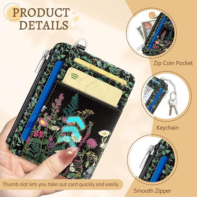 Kelvoris Credit Card Holder Small Wallet Women, Slim RFID, Wild Flowers | Keychain, Zipper Coin Pocket, Front Pocket Thin Travel Card Case, Minimalist, 6 Card Slots, 1 ID Window, Ladies Gifts Woman