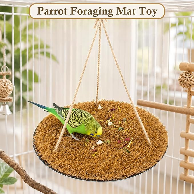FlidRunest Yellow Large Bird Foraging Mat, Natural Bird Grass Hammock Swing Toy with Hooks, Climbing Perch Hanging Toy for Parakeets, Parrot, Cockatiels, Bearded Dragon