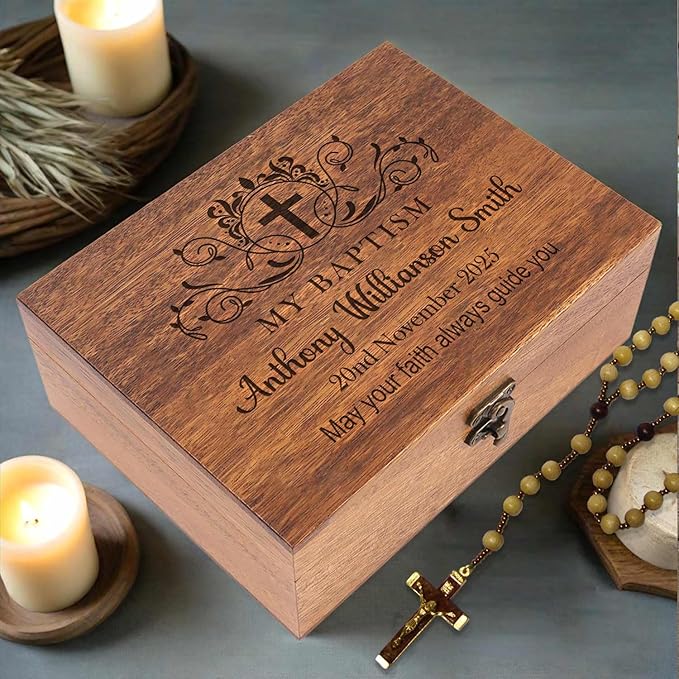 Personalized Pine/Walnut Keepsakes Baptism Gifts Wooden Box, First Communion Gifts for Boys/Girls, Personalized Wood Storage Engraved Keepsake Box for Baptism