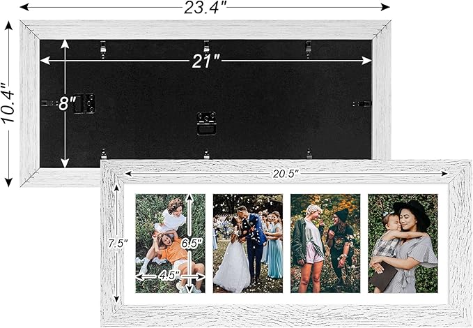 8x21 Picture Frame Display 4 opening 5x7 Collage Picture Frame,Multi Photo Frame with Mat,Plexiglass,Horizontal and Vertical Formats for Wall Decor,Distressed White Wood Grain