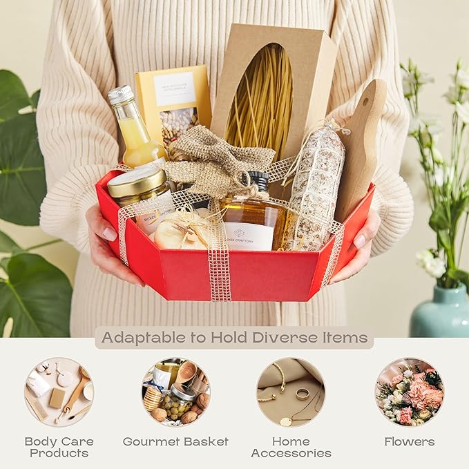 Pack of 5 Baskets for Gifts - Empty Gift Baskets to Fill Ideal for Christmas Gift Baskets and Valentines Day Presents | 11.41" x 9" x 3.34" Red Linen
