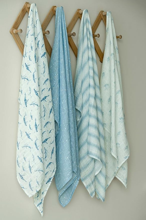 Muslin Swaddle Blankets for Newborn, 4 Pack Organic Cotton Baby Blankets for Boys, Large 31.5 x 43.3 Breathable Soft Receiving Blanket, Essentials Swaddle Wrap Burping Clothes, Blue Whale