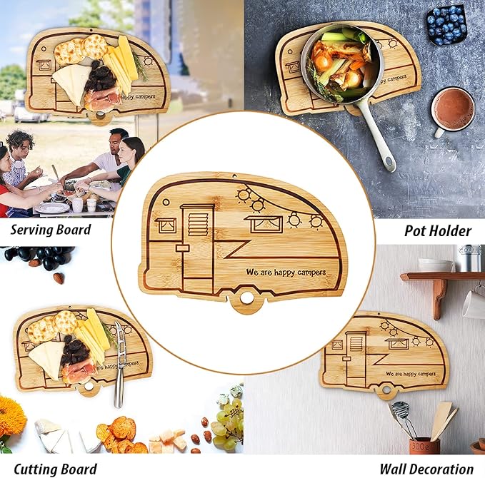 Happy Camper Bamboo Large Cutting Board, Rv Wooden Stove Top Cover Noodle Board,Meat Cutting Board for BBQ, Carving Board for Turkey,Large Charcuterie Board,RV Kitchen Decoration