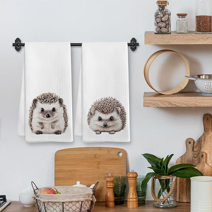 Funny Cute Hedgehog Kitchen Towels and Dishcloths Sets of 2, Hedgehog Decor Gifts, Fall Woodsy Rustic Cabin Lodge Forest Nursery Decor Dish Hand Tea Towels for Home Bathroom Kitchen,16x24Inch