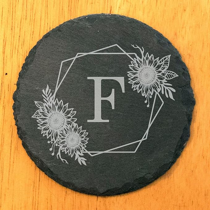 Personalized Monogram Family Coasters, Natural Stone Set, Birthday, Wedding, Customized, Rustic - Round Slate - Set of 6