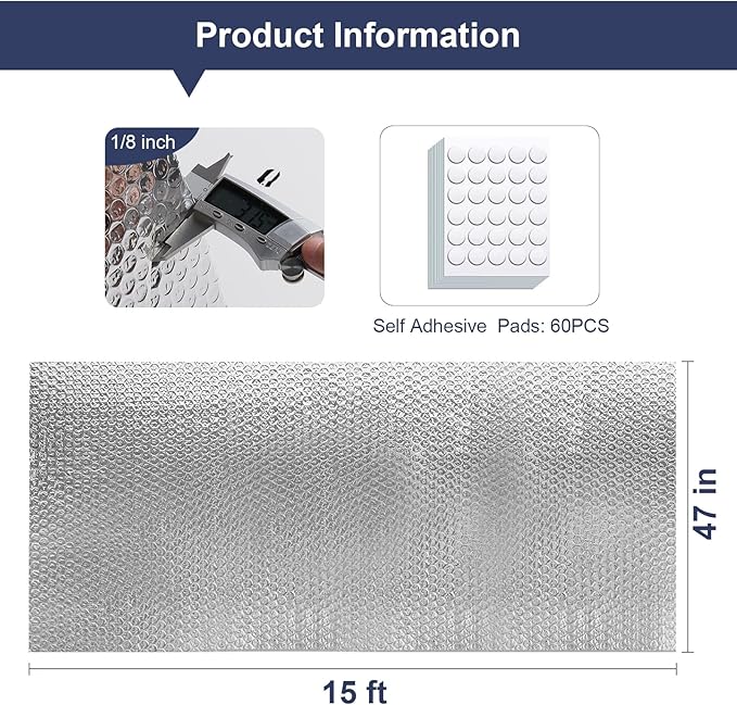Double Reflective Bubble Foil Insulation Foam, 47IN X 15FT Aluminum Foil Thermal Insulation Radiant Barrier for Windows, Garage Door, RV, Roof